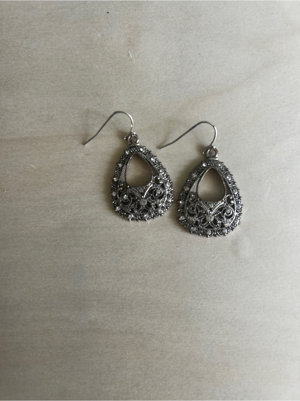 Silver Filigree Teardrop Dangle Earrings - Unbranded